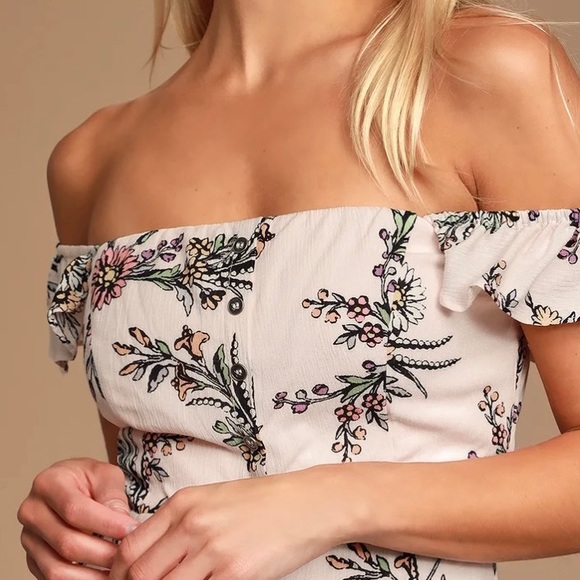 NWT Lulu’s Pink Floral Print Off Shoulder Dress LG - Picture 4 of 9